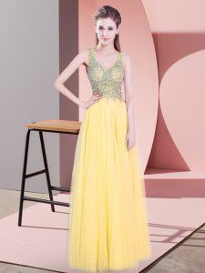 Dynamic Gold Sleeveless Beading Floor Length Homecoming Dress