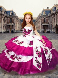 Custom Made Fuchsia Sleeveless Embroidery Floor Length Little Girls Pageant Dress Wholesale