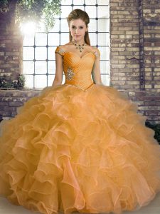 Suitable Beading and Ruffles Ball Gown Prom Dress Orange Lace Up Sleeveless Floor Length