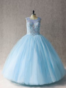 Discount Light Blue Tulle Lace Up Scoop Sleeveless Floor Length Sweet 16 Dress Beading