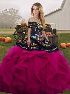 Admirable Fuchsia Tulle Lace Up Off The Shoulder Sleeveless Floor Length 15 Quinceanera Dress Embroidery and Ruffles