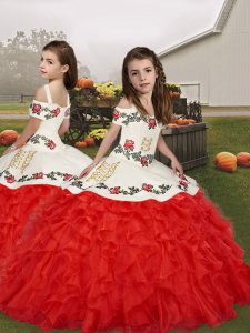 Red Lace Up Straps Embroidery and Ruffles Little Girls Pageant Dress Organza Sleeveless
