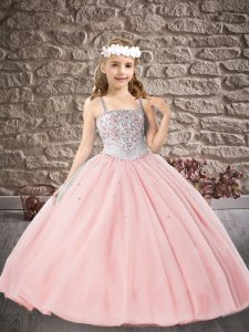 Custom Fit Baby Pink Lace Up Straps Beading and Appliques Girls Pageant Dresses Tulle Sleeveless