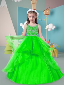 Floor Length Green Child Pageant Dress Scoop Sleeveless Zipper