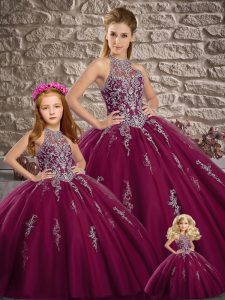 Brush Train Ball Gowns Sweet 16 Quinceanera Dress Purple Halter Top Tulle Sleeveless Lace Up