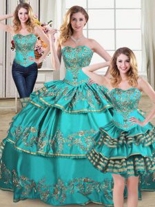 Colorful Aqua Blue Sweetheart Neckline Embroidery and Ruffled Layers Sweet 16 Dress Sleeveless Lace Up