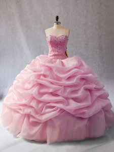 Beauteous Pink Sleeveless Organza Lace Up Quinceanera Gown for Sweet 16 and Quinceanera