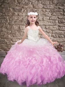 Lilac Lace Up Straps Beading and Ruffles Girls Pageant Dresses Organza Sleeveless Sweep Train