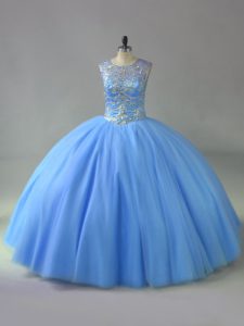 Sleeveless Tulle Floor Length Lace Up Vestidos de Quinceanera in Blue with Beading
