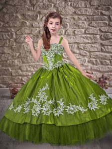 Floor Length Lace Up Little Girls Pageant Gowns Olive Green for Wedding Party with Appliques