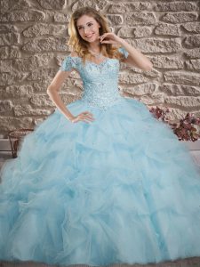 Perfect Light Blue 15 Quinceanera Dress Off The Shoulder Sleeveless Sweep Train Lace Up