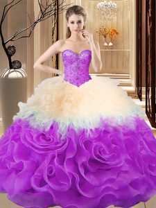 Inexpensive Multi-color Lace Up Sweetheart Beading and Ruffles Sweet 16 Dress Fabric With Rolling Flowers Sleeveless