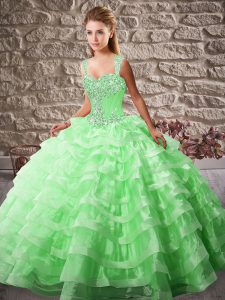 Attractive Court Train Ball Gowns Ball Gown Prom Dress Green Straps Organza Sleeveless Lace Up