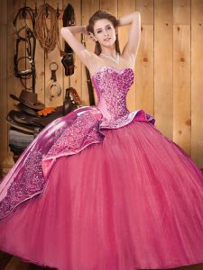 Coral Red Quinceanera Gown Satin and Tulle Brush Train Sleeveless Beading and Embroidery