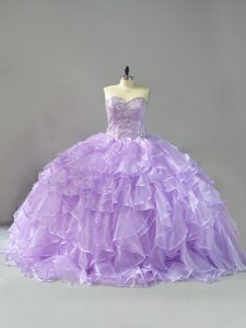 Fancy Lavender Lace Up Sweetheart Beading and Ruffles 15 Quinceanera Dress Organza Sleeveless Brush Train