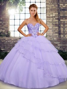 Glorious Lavender Ball Gown Prom Dress Military Ball and Sweet 16 and Quinceanera with Beading and Ruffled Layers Sweeth