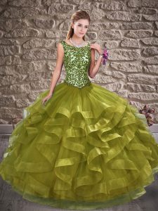 Scoop Sleeveless Lace Up Sweet 16 Dress Olive Green Tulle