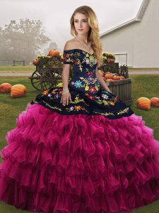 Elegant Fuchsia Quince Ball Gowns Military Ball and Sweet 16 and Quinceanera with Embroidery and Ruffled Layers Off The 