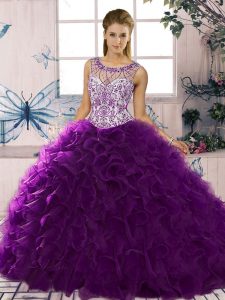 Elegant Scoop Sleeveless Lace Up Quinceanera Gown Purple Organza