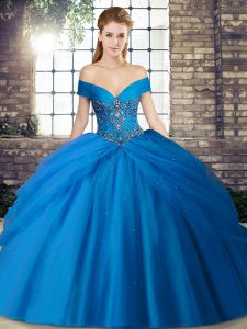 Sleeveless Tulle Brush Train Lace Up Quinceanera Dress in Blue with Beading and Pick Ups