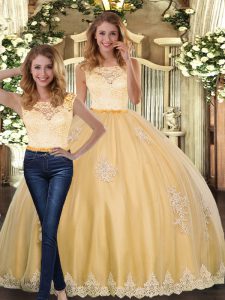 Affordable Gold Two Pieces Scoop Sleeveless Tulle Floor Length Clasp Handle Lace and Appliques Quinceanera Dress