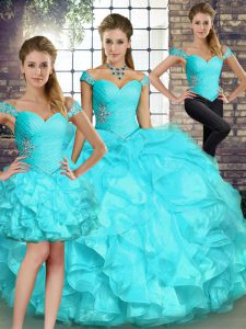 Off The Shoulder Sleeveless Quinceanera Gowns Floor Length Beading and Ruffles Aqua Blue Organza