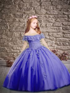 Lace Up Little Girls Pageant Gowns Lavender for Wedding Party with Appliques Brush Train