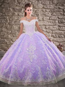 Lace Up Quince Ball Gowns Lavender for Military Ball and Sweet 16 and Quinceanera with Beading and Appliques Brush Train