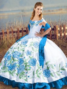 Popular Blue And White Sleeveless Satin Lace Up Quinceanera Gown for Sweet 16 and Quinceanera
