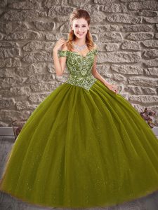 Sleeveless Floor Length Beading Lace Up Sweet 16 Quinceanera Dress with Olive Green