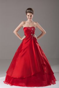 Custom Made Wine Red Organza Lace Up 15th Birthday Dress Sleeveless Floor Length Beading