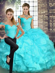 Off The Shoulder Sleeveless Organza Ball Gown Prom Dress Beading and Ruffles Lace Up