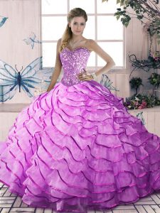 Lilac Ball Gowns Beading and Ruffles Quince Ball Gowns Lace Up Organza Sleeveless