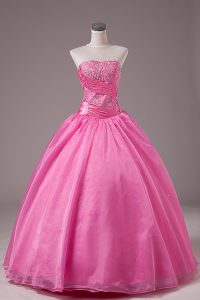 Rose Pink Organza Lace Up 15th Birthday Dress Sleeveless Floor Length Embroidery