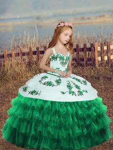Turquoise Ball Gowns Embroidery and Ruffled Layers Little Girl Pageant Gowns Lace Up Organza Sleeveless Floor Length