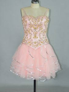 New Arrival Pink A-line Beading and Ruffles Homecoming Dress Lace Up Tulle Sleeveless Mini Length