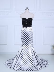 Hot Selling White And Black Printed Zipper Sweetheart Sleeveless Prom Party Dress Brush Train Lace