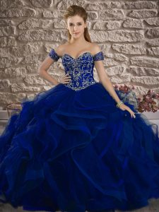 Royal Blue Tulle Lace Up Sweetheart Sleeveless 15 Quinceanera Dress Sweep Train Beading and Ruffles