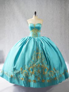 Sweetheart Sleeveless 15 Quinceanera Dress Floor Length Embroidery Aqua Blue Satin