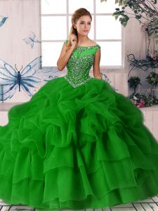 Inexpensive Green Ball Gowns Beading and Pick Ups Vestidos de Quinceanera Zipper Organza Sleeveless