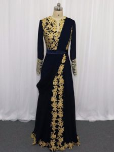Dazzling Navy Blue Long Sleeves Lace and Appliques Floor Length Prom Evening Gown