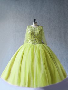 Suitable Yellow Green Lace Up Sweet 16 Quinceanera Dress Beading Long Sleeves Floor Length