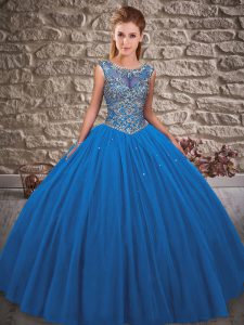 Noble Blue Ball Gowns Scoop Sleeveless Tulle Floor Length Lace Up Beading Quinceanera Dress