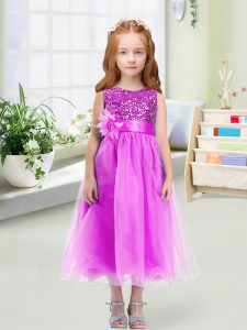 High Class Sleeveless Sequins and Hand Made Flower Zipper Toddler Flower Girl Dress