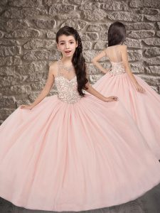 Perfect Beading Girls Pageant Dresses Baby Pink Lace Up Sleeveless Sweep Train