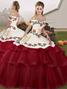 Dazzling Tulle Off The Shoulder Sleeveless Brush Train Lace Up Embroidery and Ruffled Layers Vestidos de Quinceanera in 