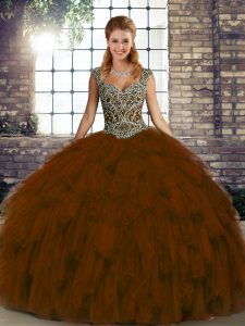 Brown Vestidos de Quinceanera Military Ball and Sweet 16 and Quinceanera with Beading and Ruffles Straps Sleeveless Lace