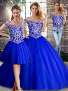 Ideal Off The Shoulder Sleeveless Tulle 15 Quinceanera Dress Beading Brush Train Lace Up