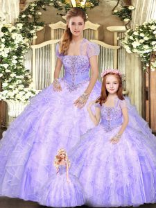 Suitable Beading and Appliques and Ruffles Vestidos de Quinceanera Lavender Lace Up Sleeveless Floor Length