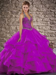 Tulle Sleeveless Quinceanera Dress Brush Train and Beading and Ruffles